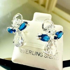 Sterling Silver 925 Blue and Silver Butterfly Crystal Earrings